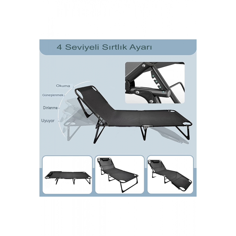 Katlanır Minderli Şezlong Kampet Plaj Yatağı 4 Kademeli Sandalyesi Oxfort Paslanmaz Yatak Şezlong