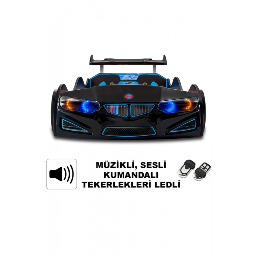 Bmw - Full - Araba Yatak - Araba Karyola - Tekerleri Ledli - Siyah
