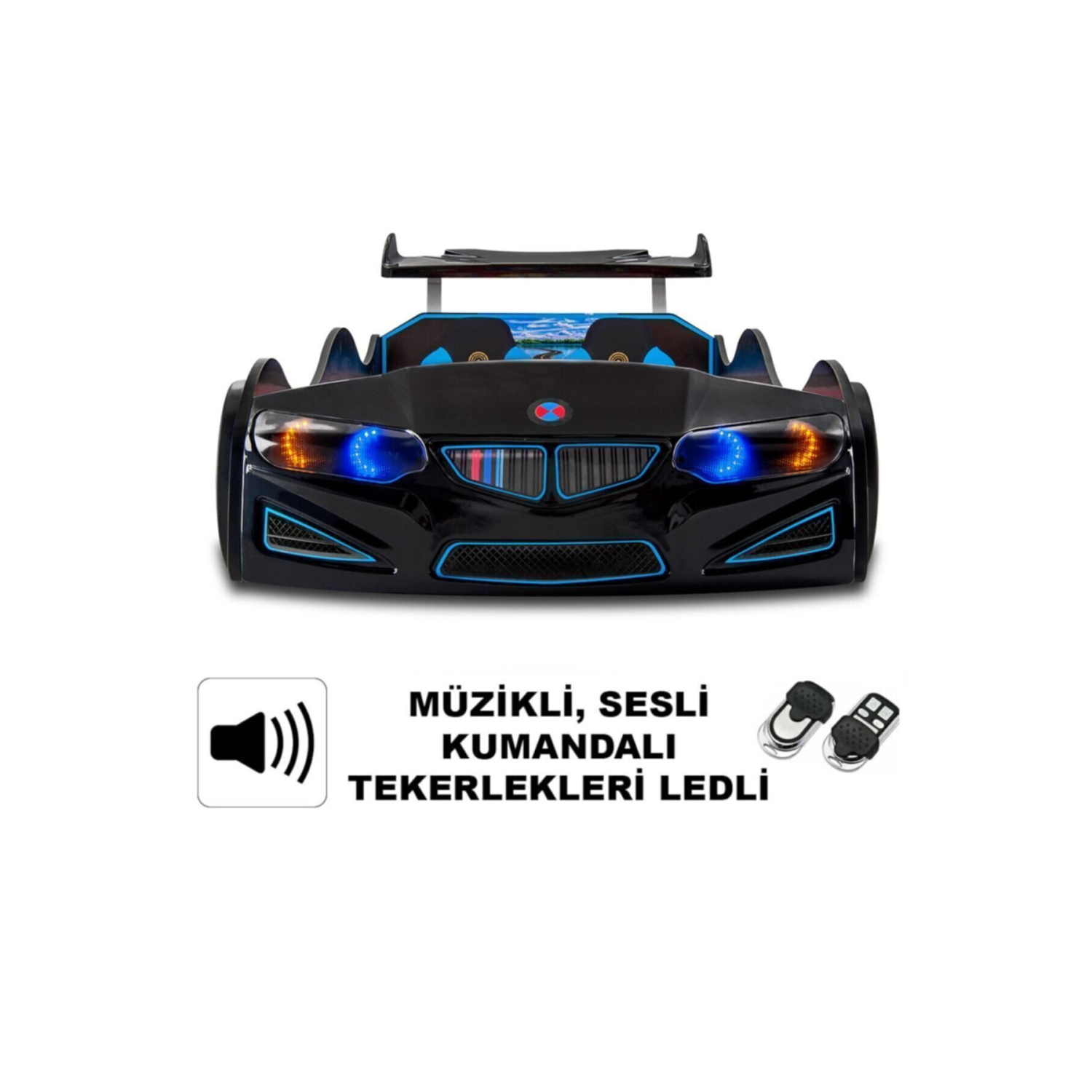 Bmw - Full - Araba Yatak - Araba Karyola - Tekerleri Ledli - Siyah