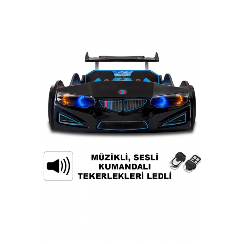 Bmw - Full - Araba Yatak - Araba Karyola - Tekerleri Ledli - Siyah