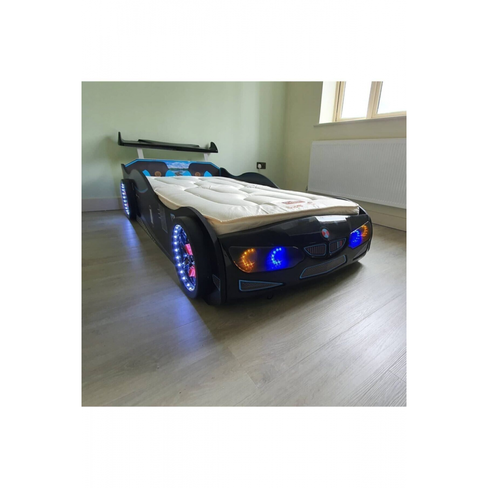 Bmw - Full - Araba Yatak - Araba Karyola - Tekerleri Ledli - Siyah