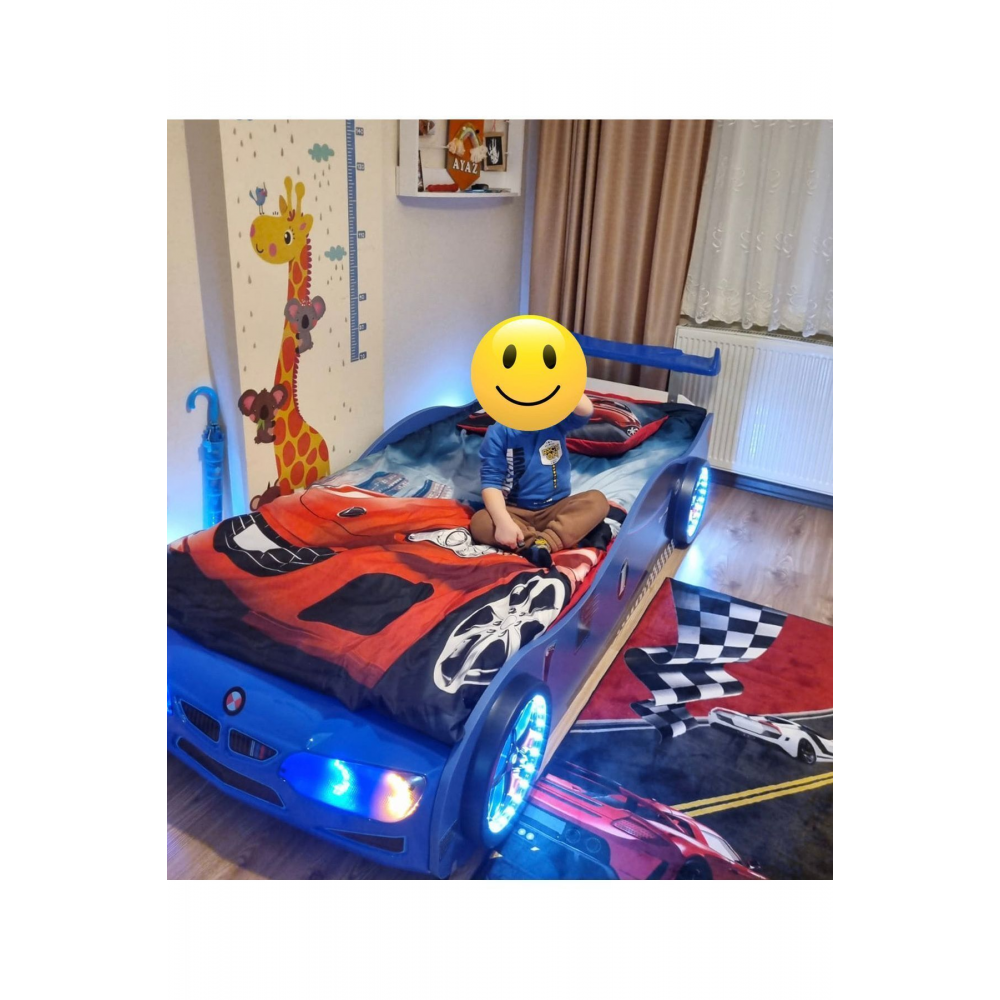 Bmw - Gt1 - Arabalı Yatak Araba Karyola - Tekerleri Ledli - Mavi