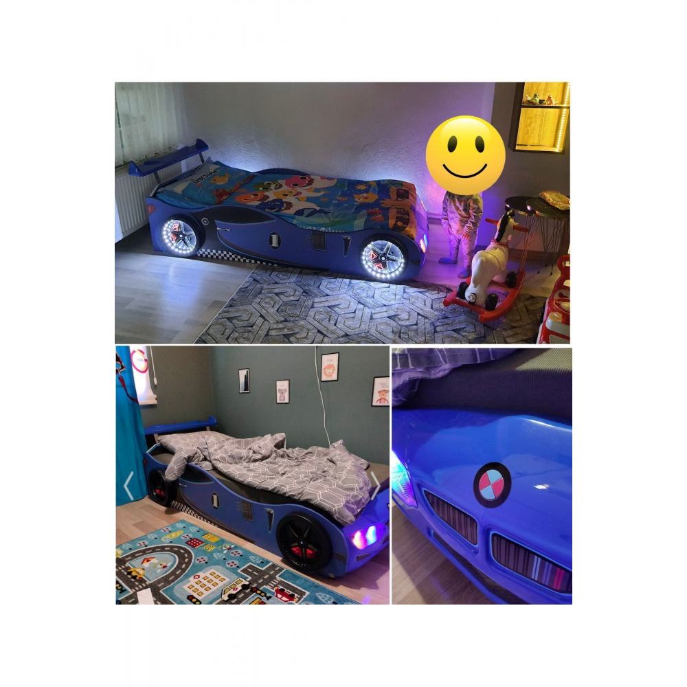 Bmw - Gt1 - Arabalı Yatak Araba Karyola - Tekerleri Ledli - Mavi