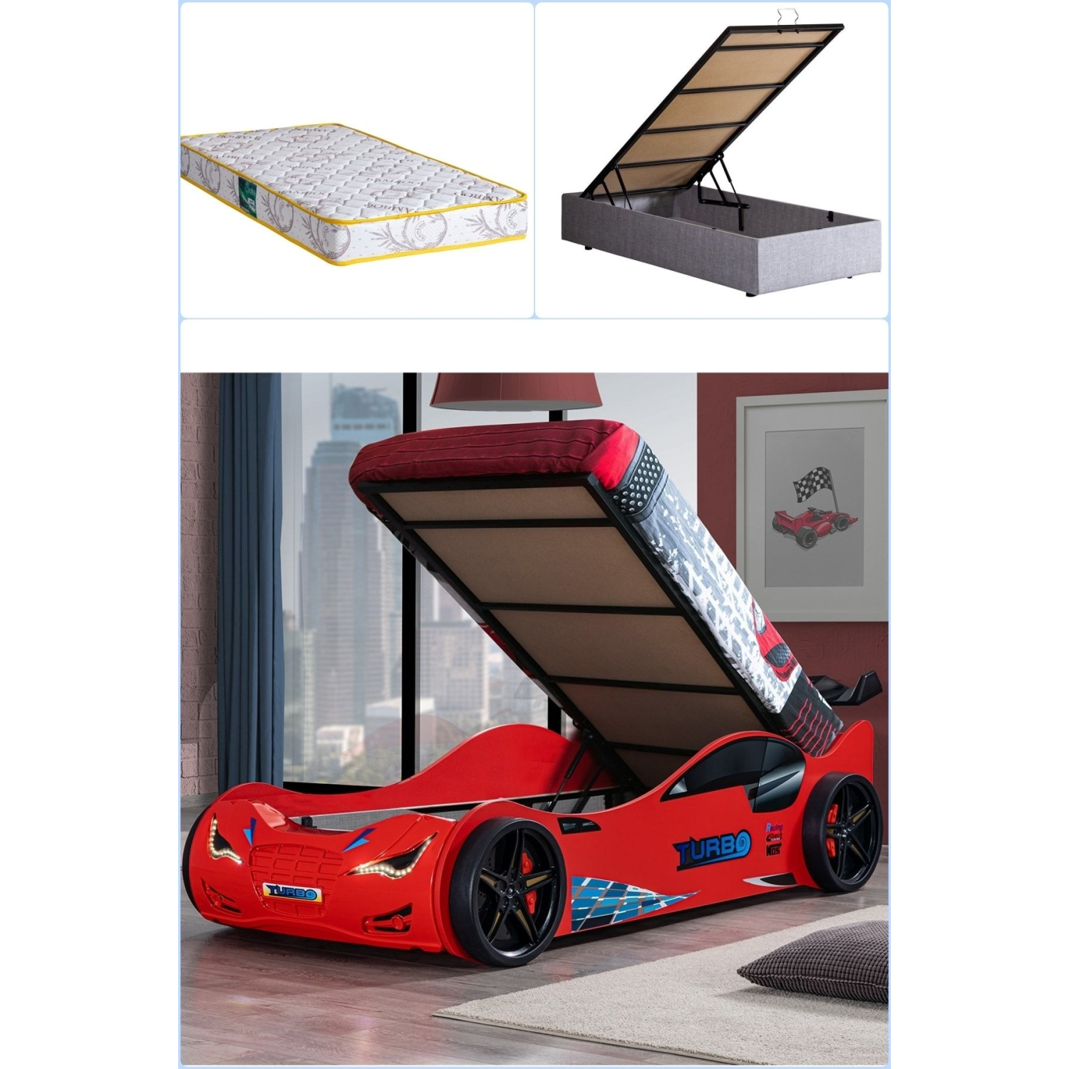 Süpers Bazalı Arabalı Yatak, Ledli - Adaptörlü + 1 Adet Comfort Yatak