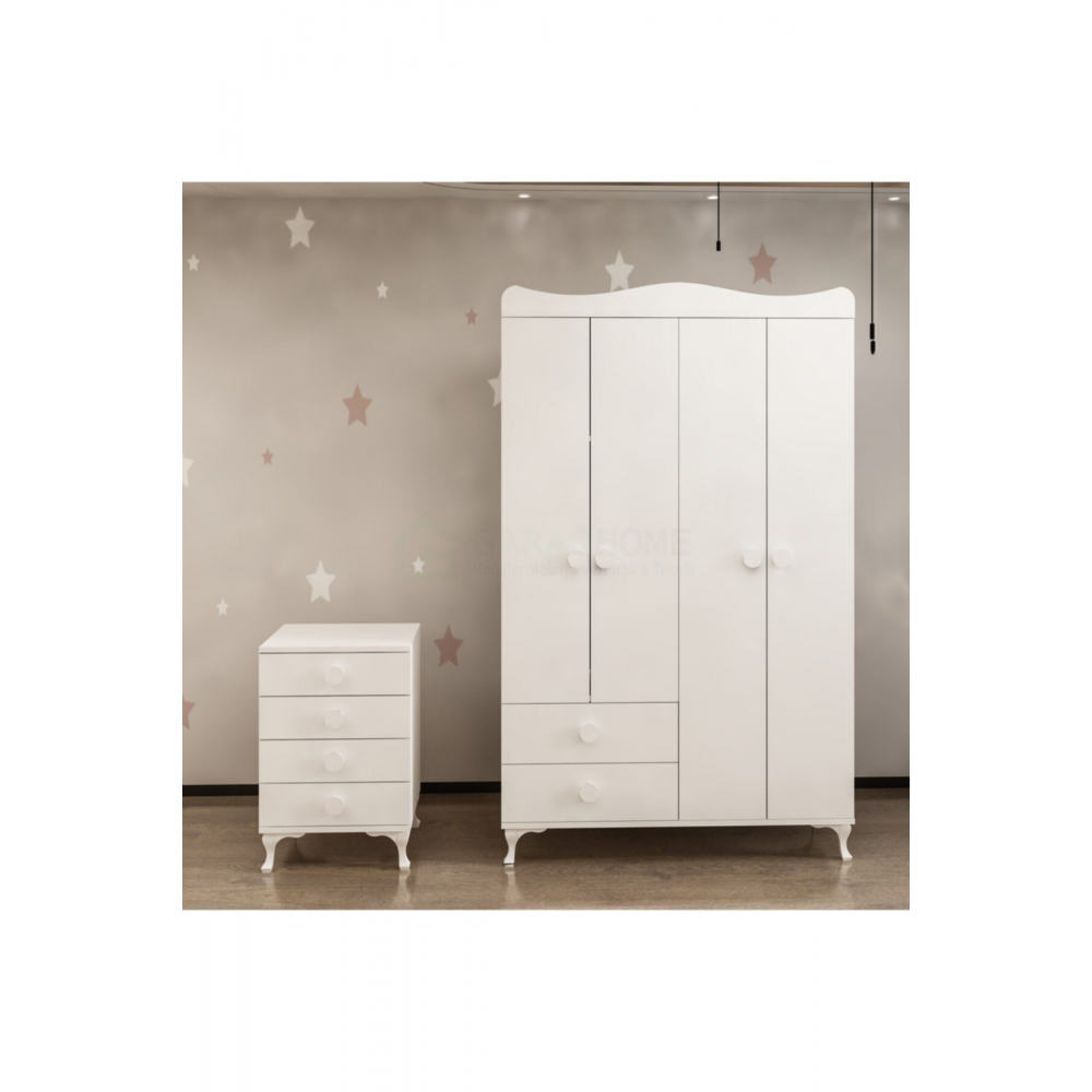 Melina Yıldız Beyaz 4 Kapaklı Bebek Odası Takımı - Beyaz