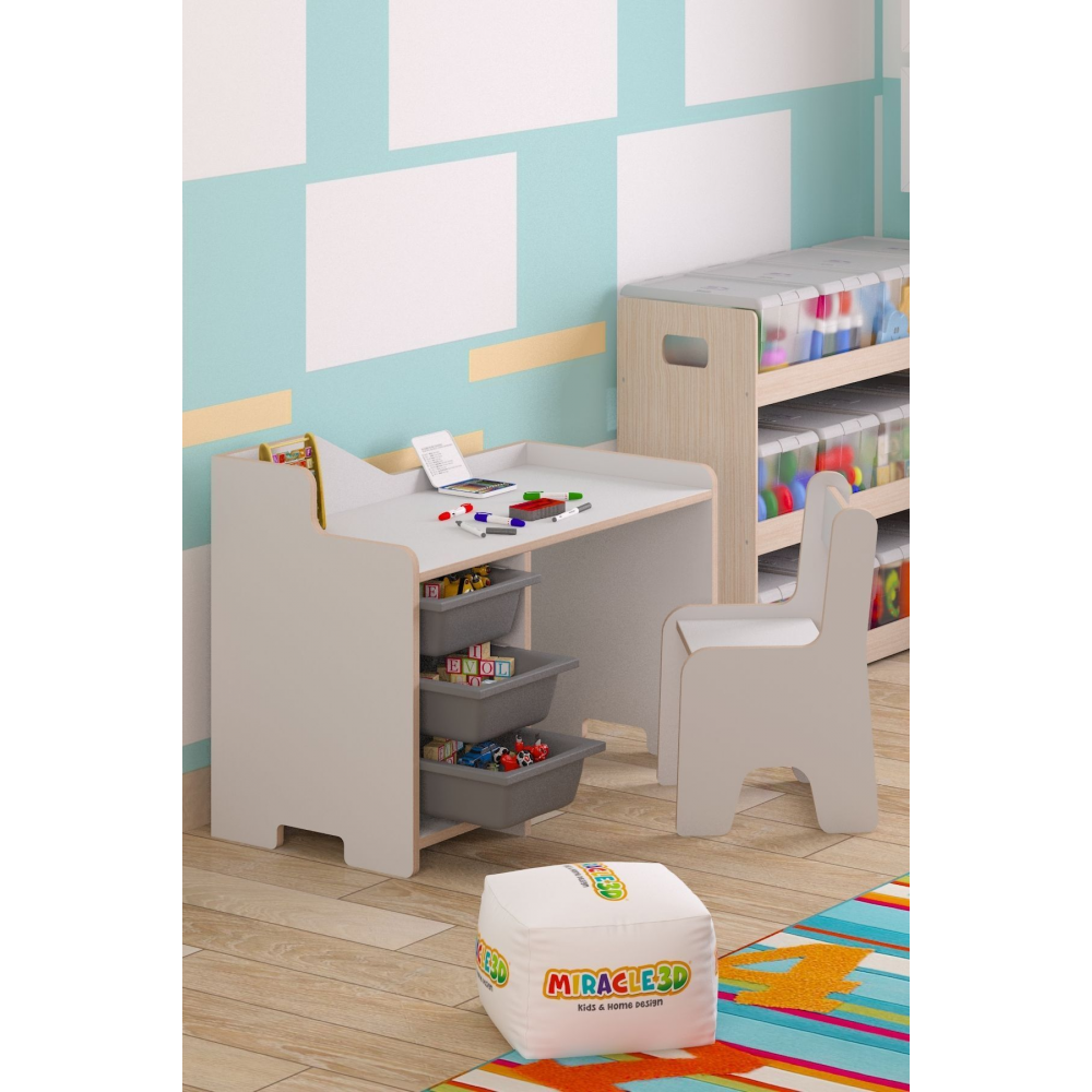 Çocuk Çalışma Masası 90x45 Cm 3 Sepetli Çocuk Çalışma Masası Sırt Dayamalı Sandalye