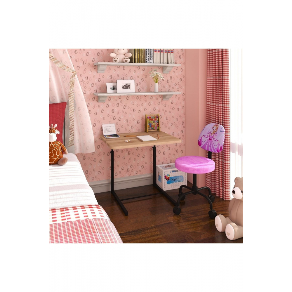 Prenses Sindirella Desenli Çocuk Odası Ders Çalışma Koltuk Ve Masa Seti Tekerlekli Sandalye Ve Sehpa