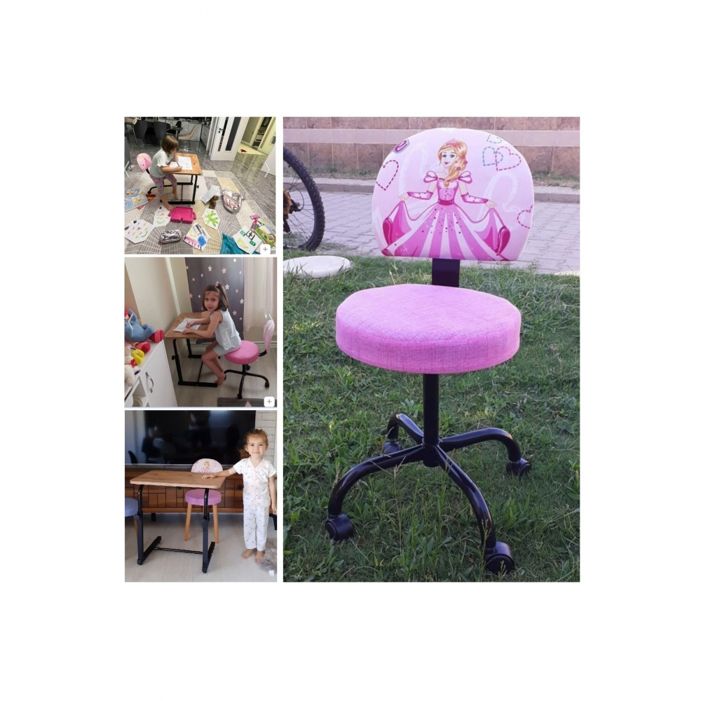 Prenses Sindirella Desenli Çocuk Odası Ders Çalışma Koltuk Ve Masa Seti Tekerlekli Sandalye Ve Sehpa