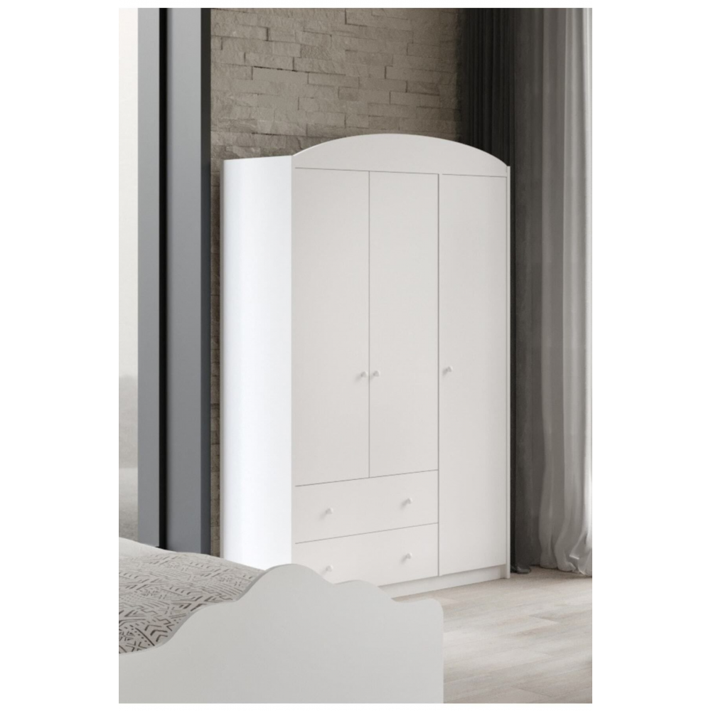 Lucia Beyaz 3 Kapaklı 2 Çekemeceli Tamamı Mdflam Gardrop