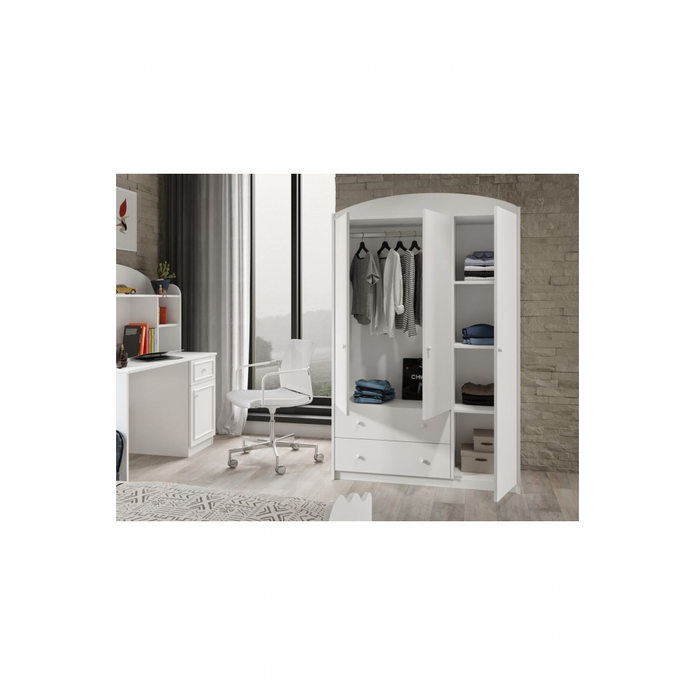Lucia Beyaz 3 Kapaklı 2 Çekemeceli Tamamı Mdflam Gardrop