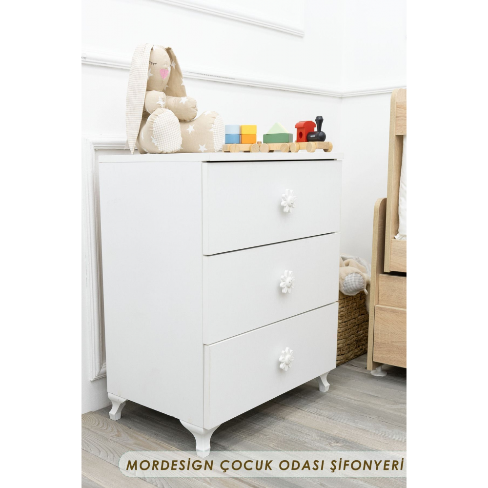 Bebek & Çocuk Odası Şifonyer, 3 Çekmeceli, Ayaklı Şifonyer, Seviila Serisi, Beyaz