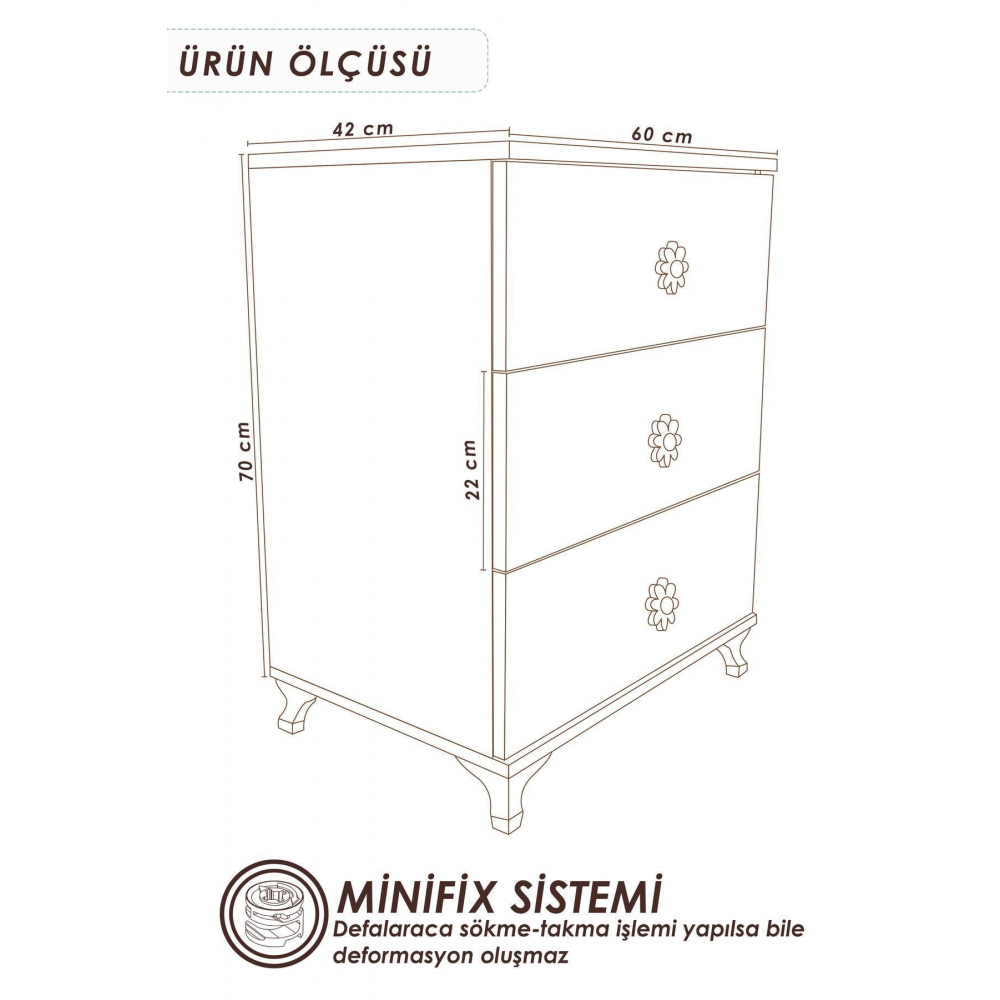 Bebek & Çocuk Odası Şifonyer, 3 Çekmeceli, Ayaklı Şifonyer, Seviila Serisi, Beyaz
