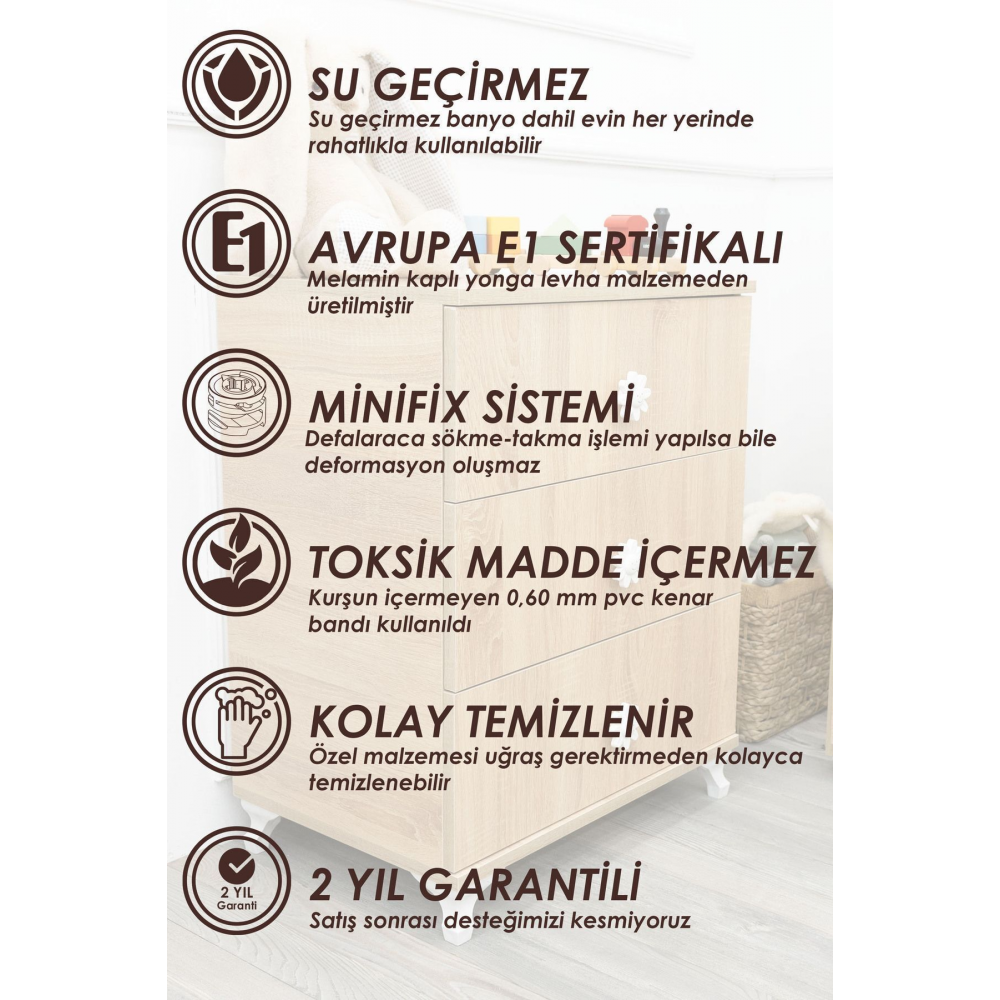 Bebek & Çocuk Odası Şifonyer, 3 Çekmeceli, Ayaklı Şifonyer, Seviila Serisi, Beyaz