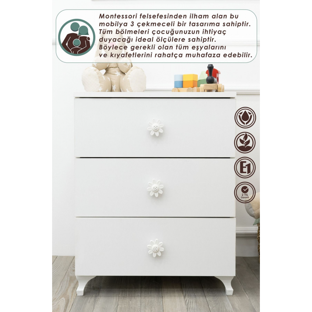 Bebek & Çocuk Odası Şifonyer, 3 Çekmeceli, Ayaklı Şifonyer, Seviila Serisi, Beyaz