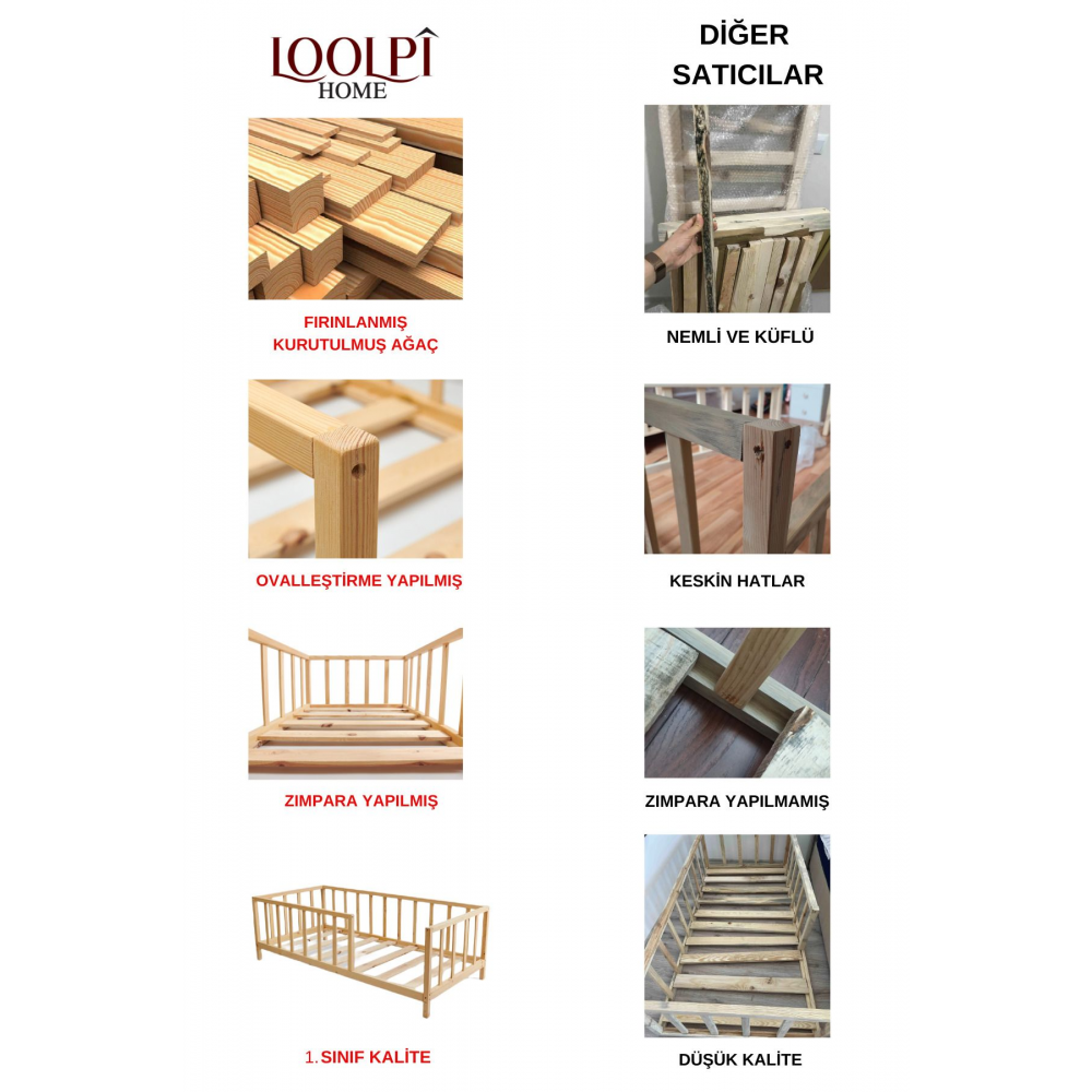 Unisex Montessori Bebek Ve Çocuk Karyolası Doğal Ahşap Yatak