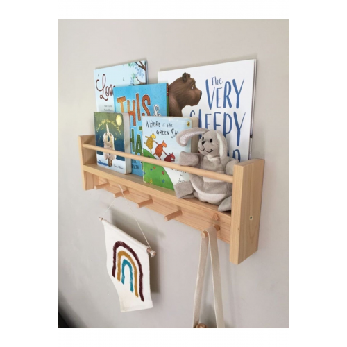 Doğal Ahşap Montessori Kitaplık Çocuk Bebek Odası Askılık Duvar Rafı Yan Uzun