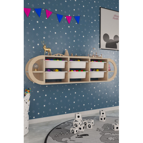 Rio Montessori Boyasız Doğal Ahşap Sepetli Duvar Rafı