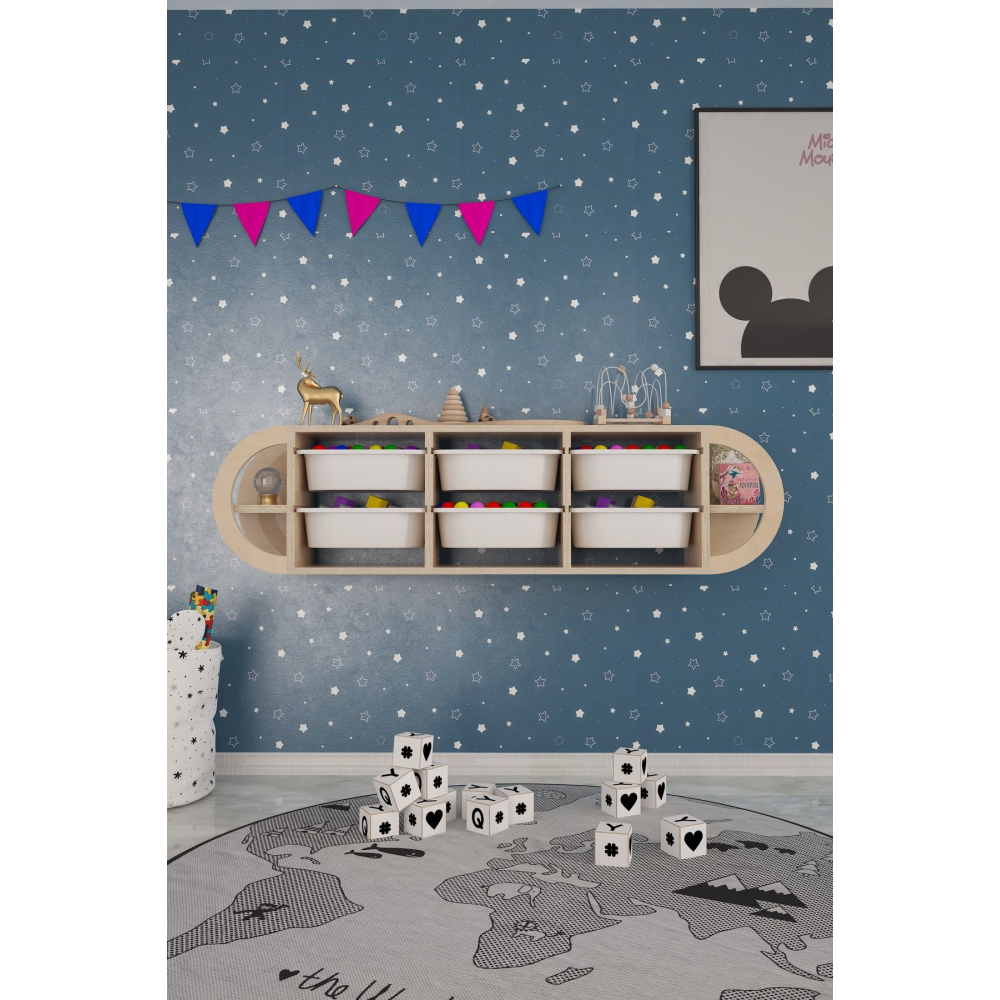 Rio Montessori Boyasız Doğal Ahşap Sepetli Duvar Rafı