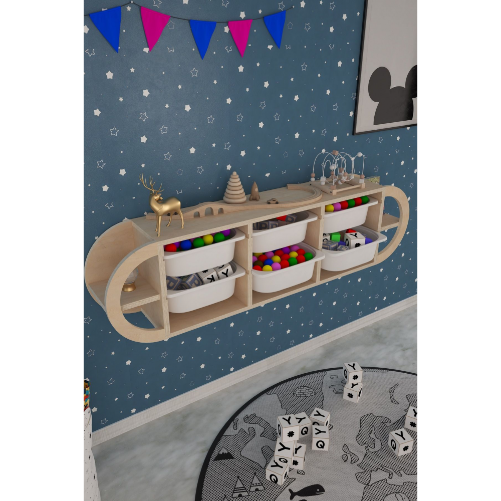 Rio Montessori Boyasız Doğal Ahşap Sepetli Duvar Rafı