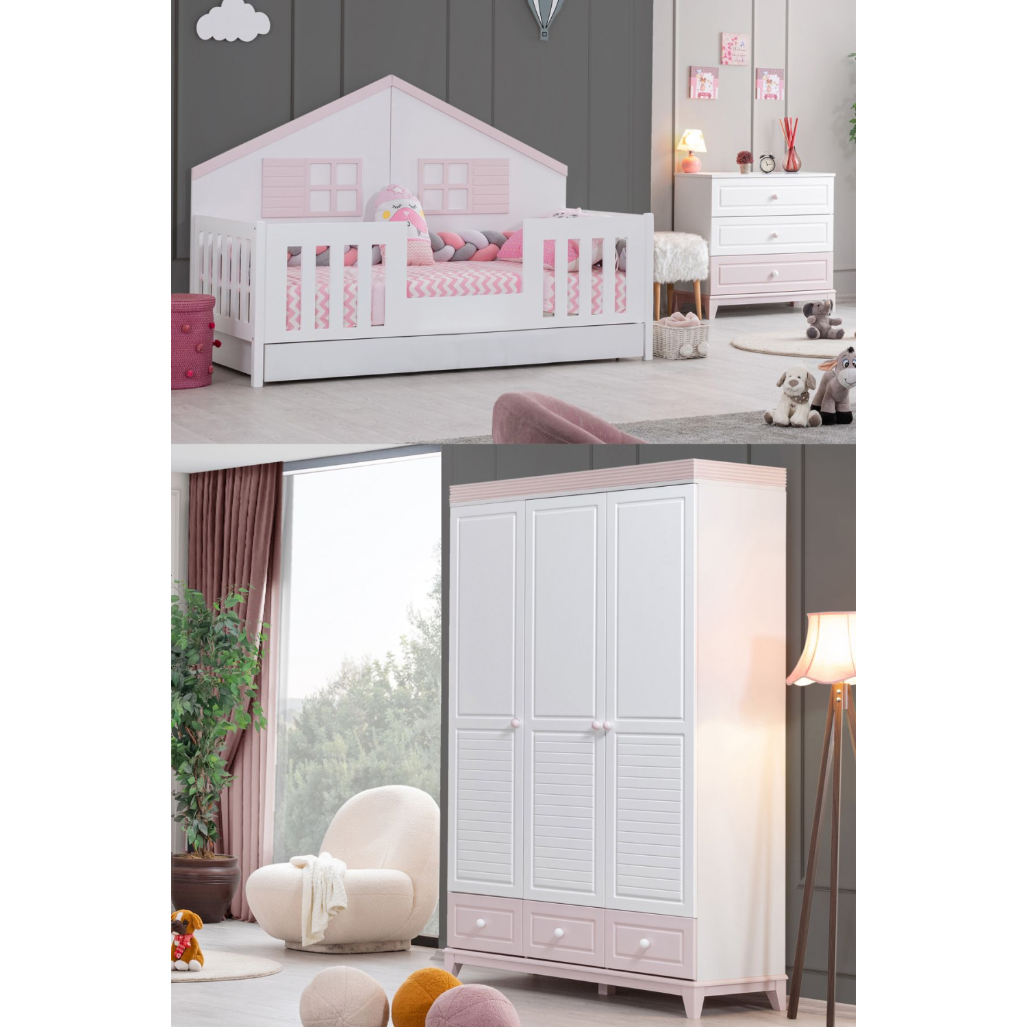 Çocuk Odası, Fethiye Sole Çocuk Odası, 3 Kapaklı Dolap, Yavrulu Karyola, Şifonyer - Pembe