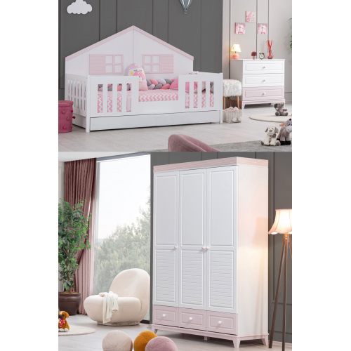 Çocuk Odası, Fethiye Sole Çocuk Odası, 3 Kapaklı Dolap, Yavrulu Karyola, Şifonyer - Pembe