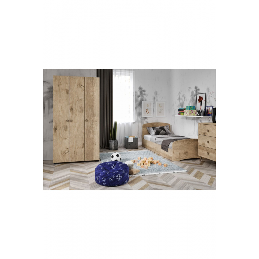 Soft Çocuk Odası Takımı Meşe - Karyola, 3 Kapaklı Gardırop, 3 Çekmeceli Şifonyer Tamamı Mdf