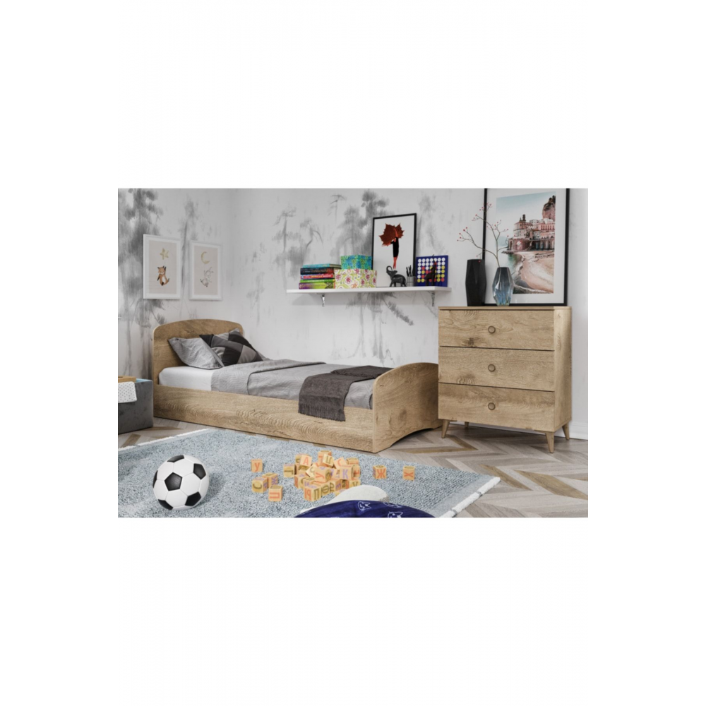 Soft Çocuk Odası Takımı Meşe - Karyola, 3 Kapaklı Gardırop, 3 Çekmeceli Şifonyer Tamamı Mdf