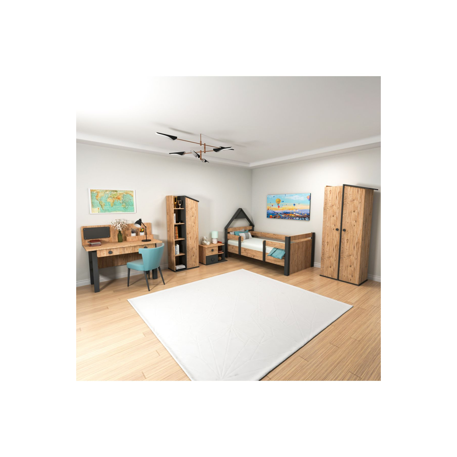 VALERİN Çalışma Masası Kitaplık Gardırop Komodin ve Karyola Çocuk Odası 5'li Takım