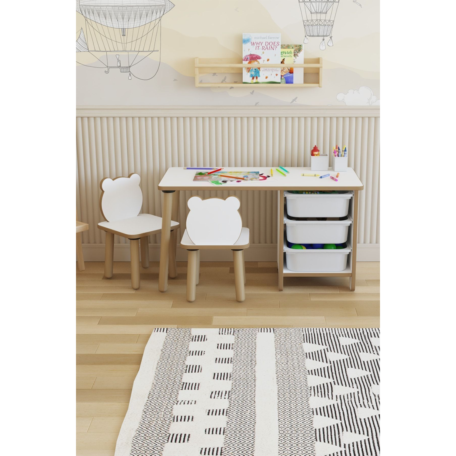 Çocuk Masa Sandalye Takımı-3 Sepetli Çalışma Ve Aktivite Masası-yaz-sil Yüzey-2 Panda Sandalye