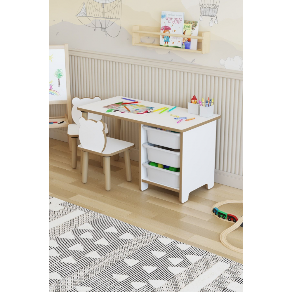 Çocuk Masa Sandalye Takımı-3 Sepetli Çalışma Ve Aktivite Masası-yaz-sil Yüzey-2 Panda Sandalye