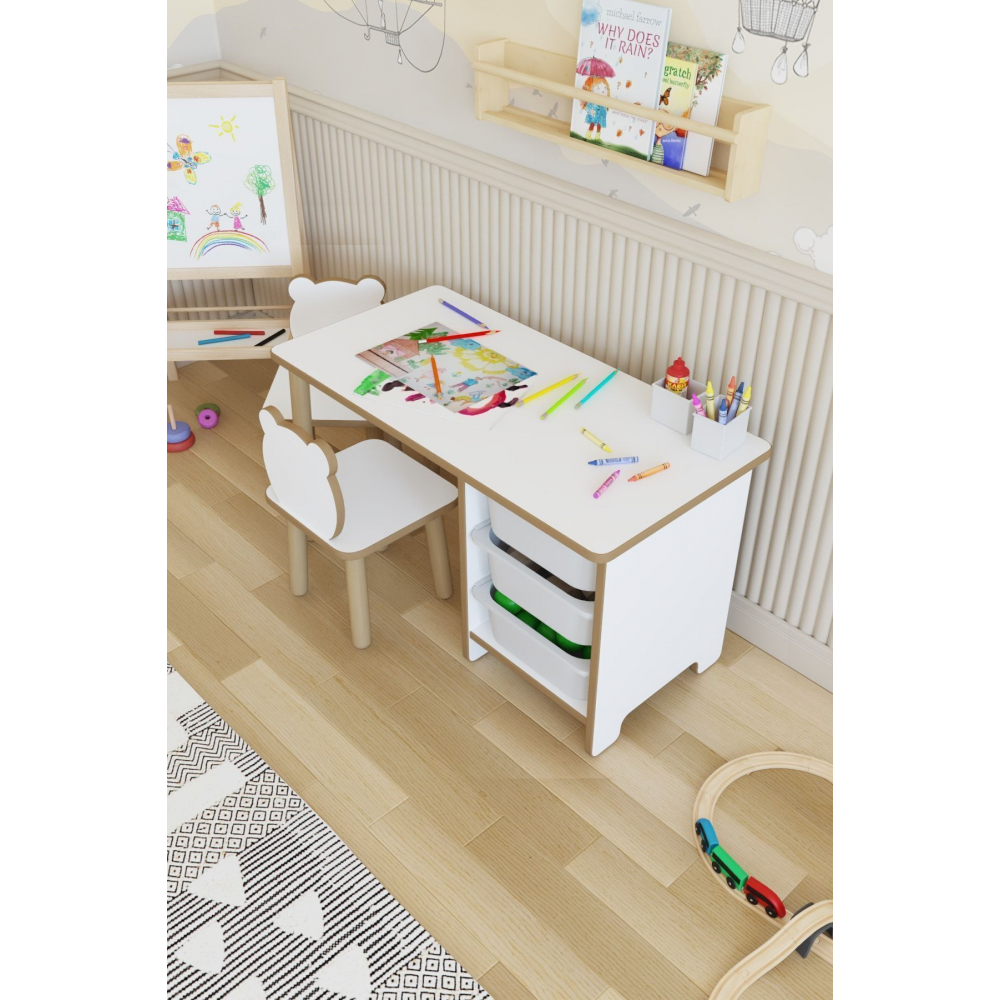 Çocuk Masa Sandalye Takımı-3 Sepetli Çalışma Ve Aktivite Masası-yaz-sil Yüzey-2 Panda Sandalye