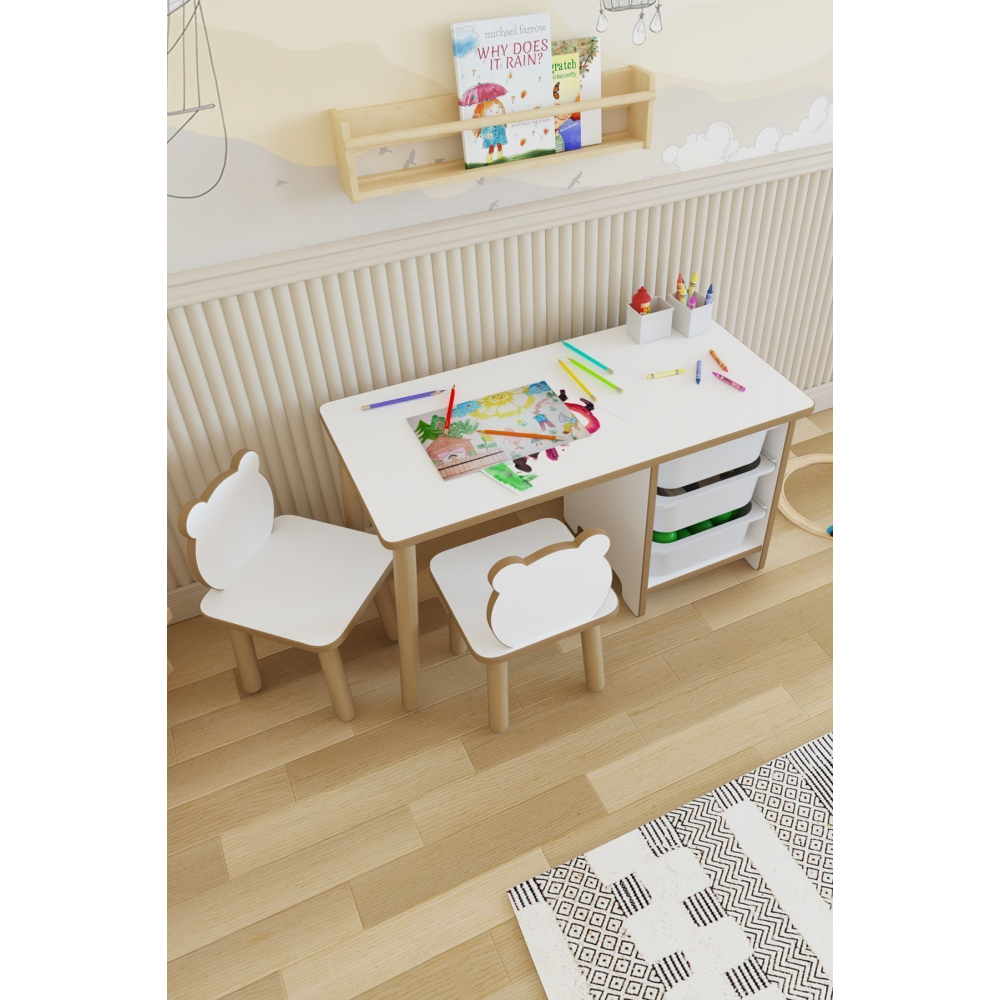 Çocuk Masa Sandalye Takımı-3 Sepetli Çalışma Ve Aktivite Masası-yaz-sil Yüzey-2 Panda Sandalye