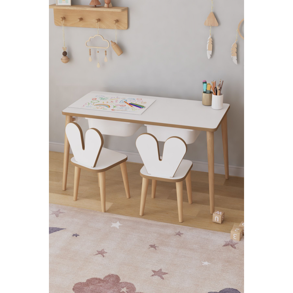 Resim Kağıdı Rulolu Çocuk Oyun Aktivite Masası 2 Sandalyeli Çekmeceli Çocuk Masası