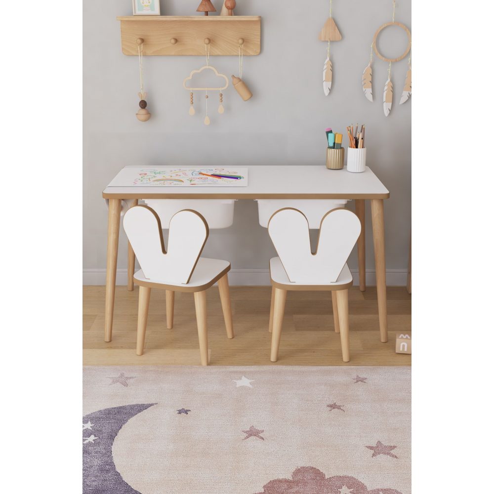 Resim Kağıdı Rulolu Çocuk Oyun Aktivite Masası 2 Sandalyeli Çekmeceli Çocuk Masası