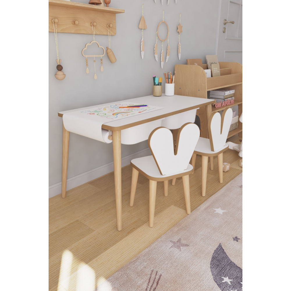 Resim Kağıdı Rulolu Çocuk Oyun Aktivite Masası 2 Sandalyeli Çekmeceli Çocuk Masası