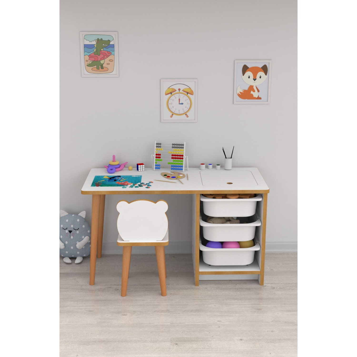 Soho - Çocuk Çalışma Masası Oyun Ve Etkinlik Masası Beyaz Sepetli