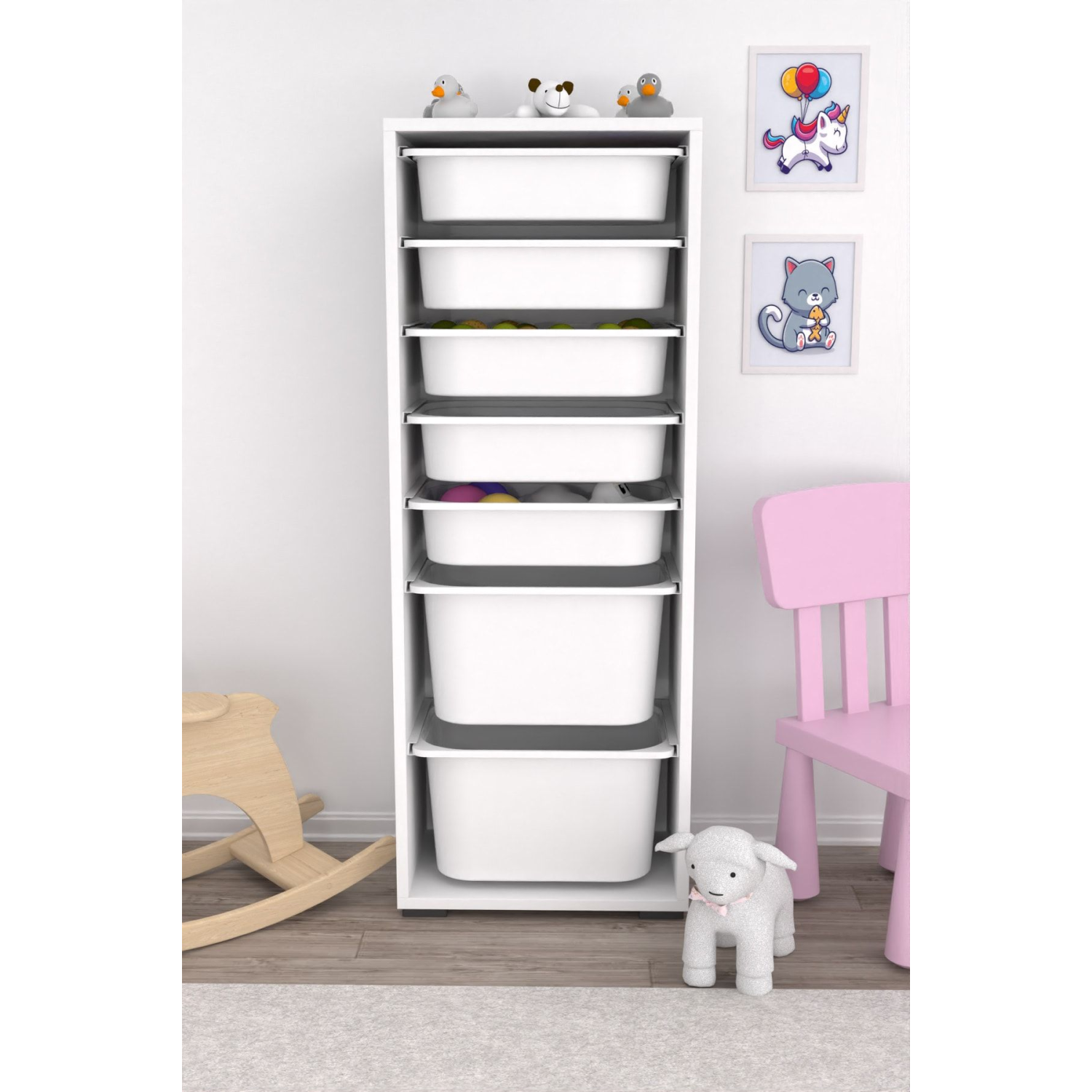 7 Sepetli Dolap Oyuncak Dolabı Çok Amaçlı Mutfak Banyo Kiler Dolabı Beyaz