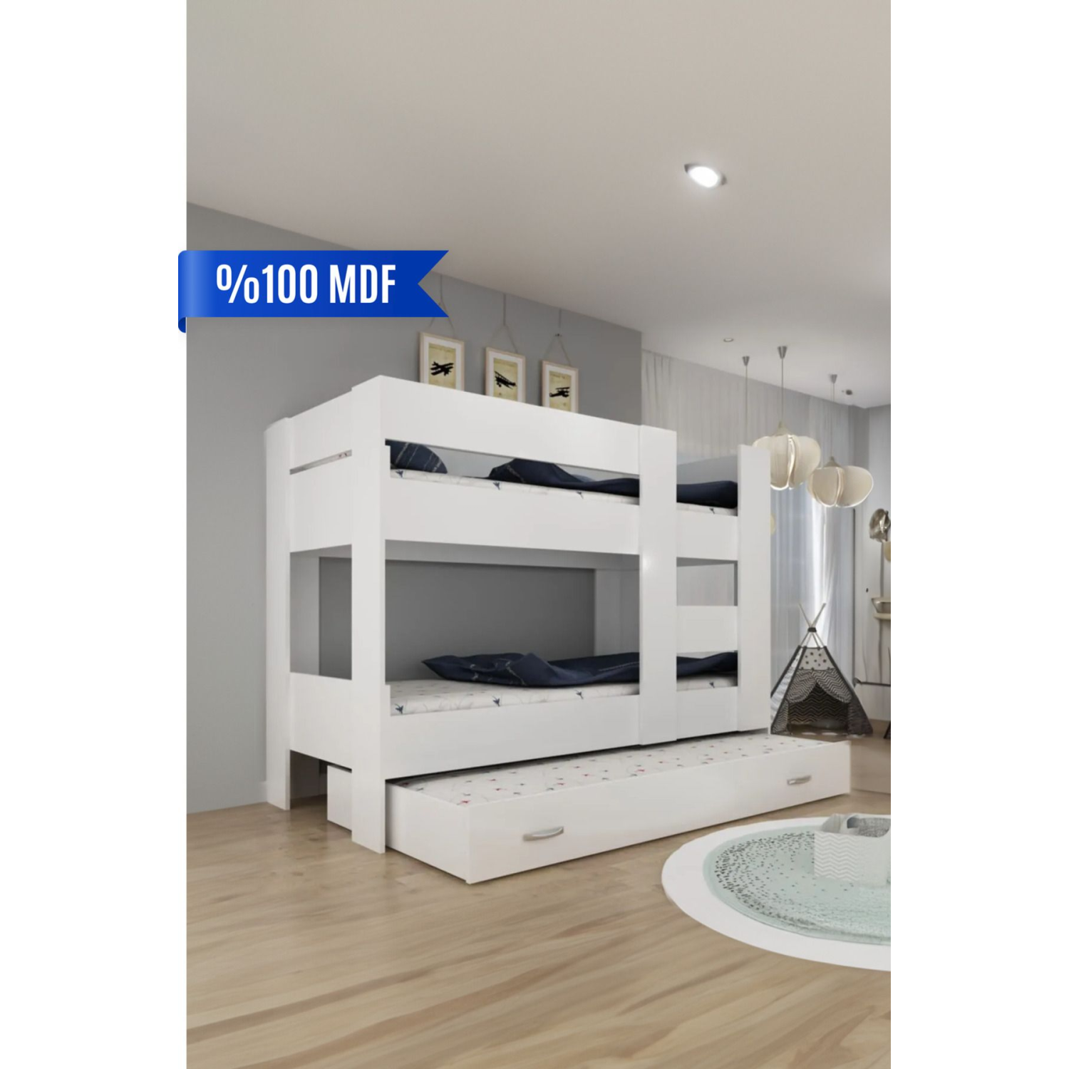 Ninnimo Genç Beyaz Mdf 90x190 Yatak Uyumlu Yavrulu Ranza R20-1