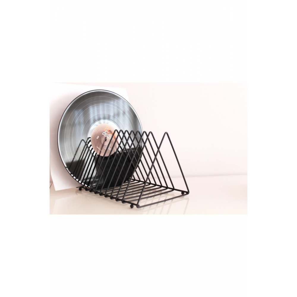 9 Gözlü Üçgen Masaüstü Siyah Metal Organizer Büyük Dergilik-plaklık-vinil-gazetelik-kitaplık