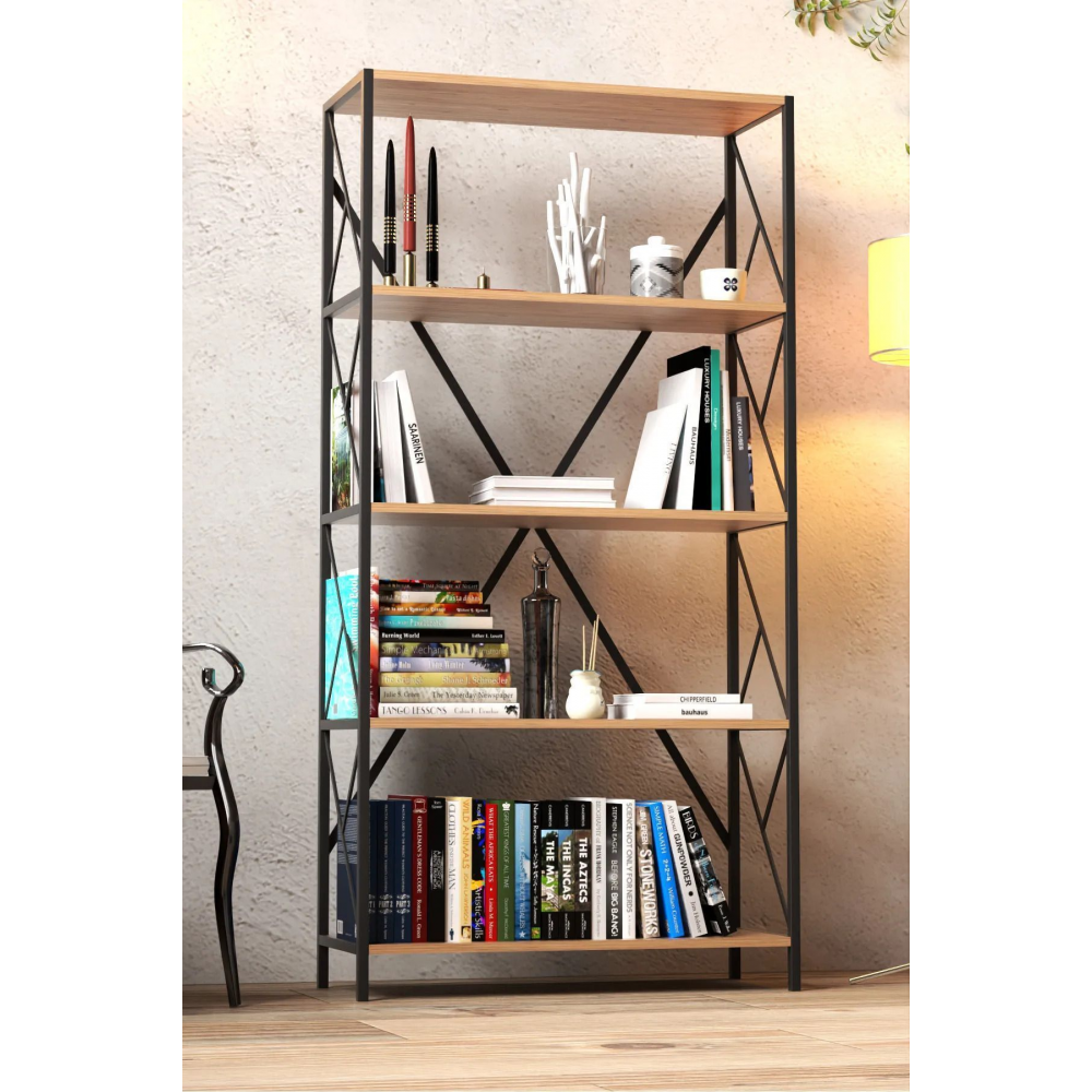 Dekoratif 5 Raflı Kitaplık Geniş Metal Kitaplık Dosya Kitap Rafı Ofis Salon Raf 90x180cm
