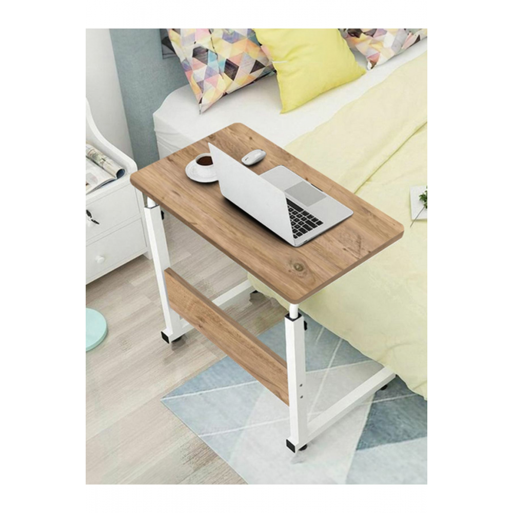 Yükseklik Ayarlı Laptop Sehpası ve Çalışma Masası - Atlantik Çam Beyaz (Tekerli) Oval Kenar - 70x40