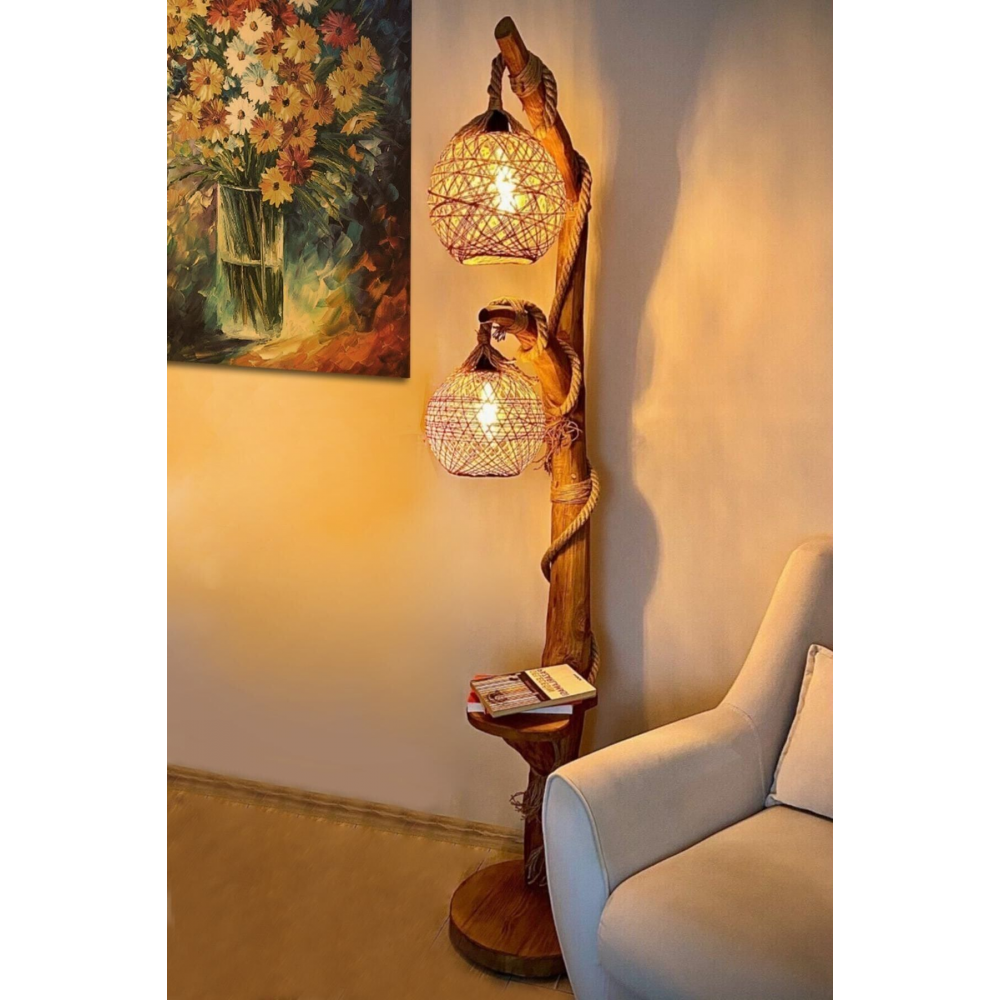 Lambader Kahverengi Doğal Ağaç Yalıkavak Serisi Çift Küre Aydınlatma 140cm