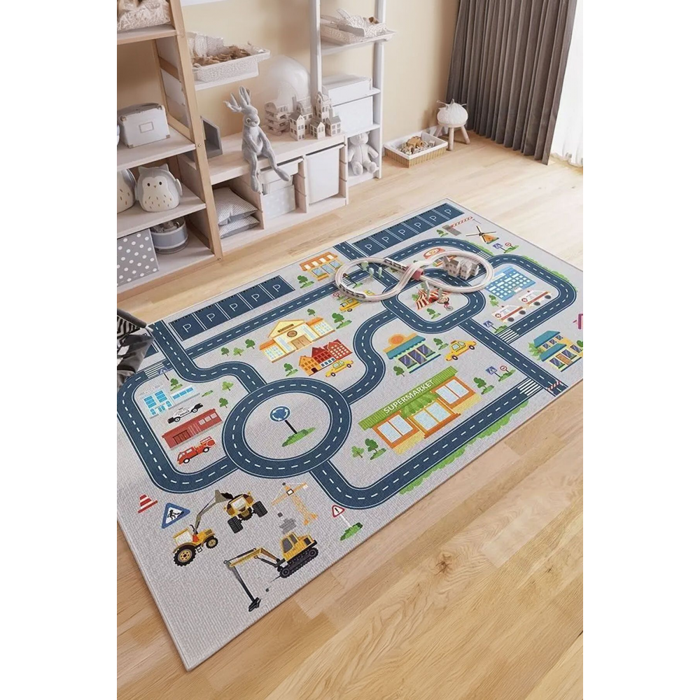Dijital Kaymaz Yıkanabilir Arabalı Yol Haritası Oyun Halısı Çocuk Odası Halısı Oyun Matı