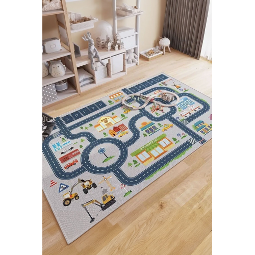 Dijital Kaymaz Yıkanabilir Arabalı Yol Haritası Oyun Halısı Çocuk Odası Halısı Oyun Matı