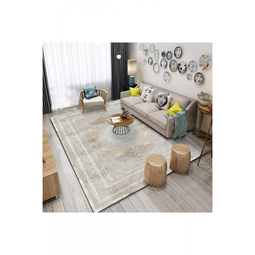 10069-süngerli Sütlü Kahve Kadife Efektli Kaymaz Halı Örtüsü