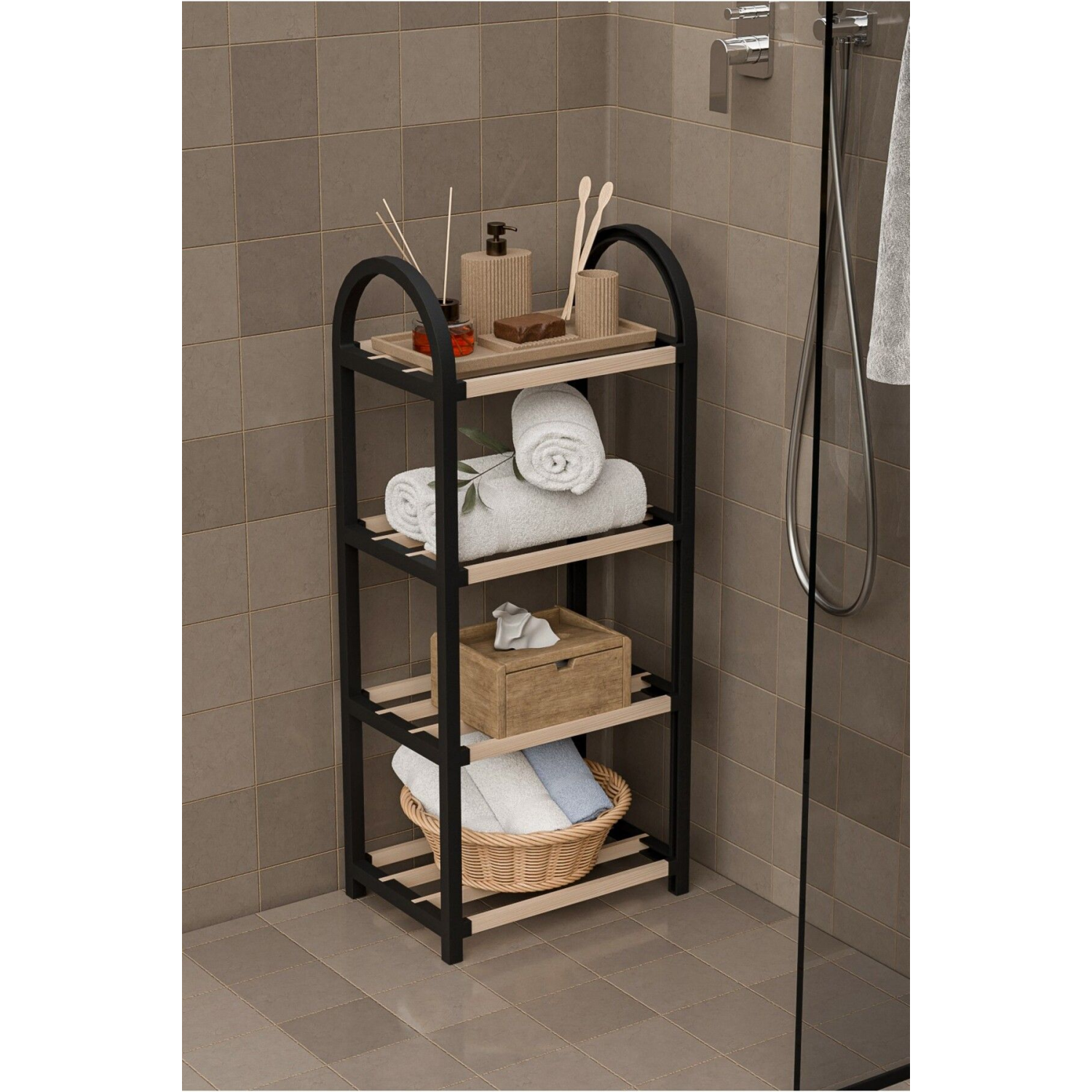 Chawood Mini Ahşap Çubuklu 4 Bölmeli Siyah Banyo Düzenleyici Masif Ahşap Ayakkabılık Raf Ünitesi