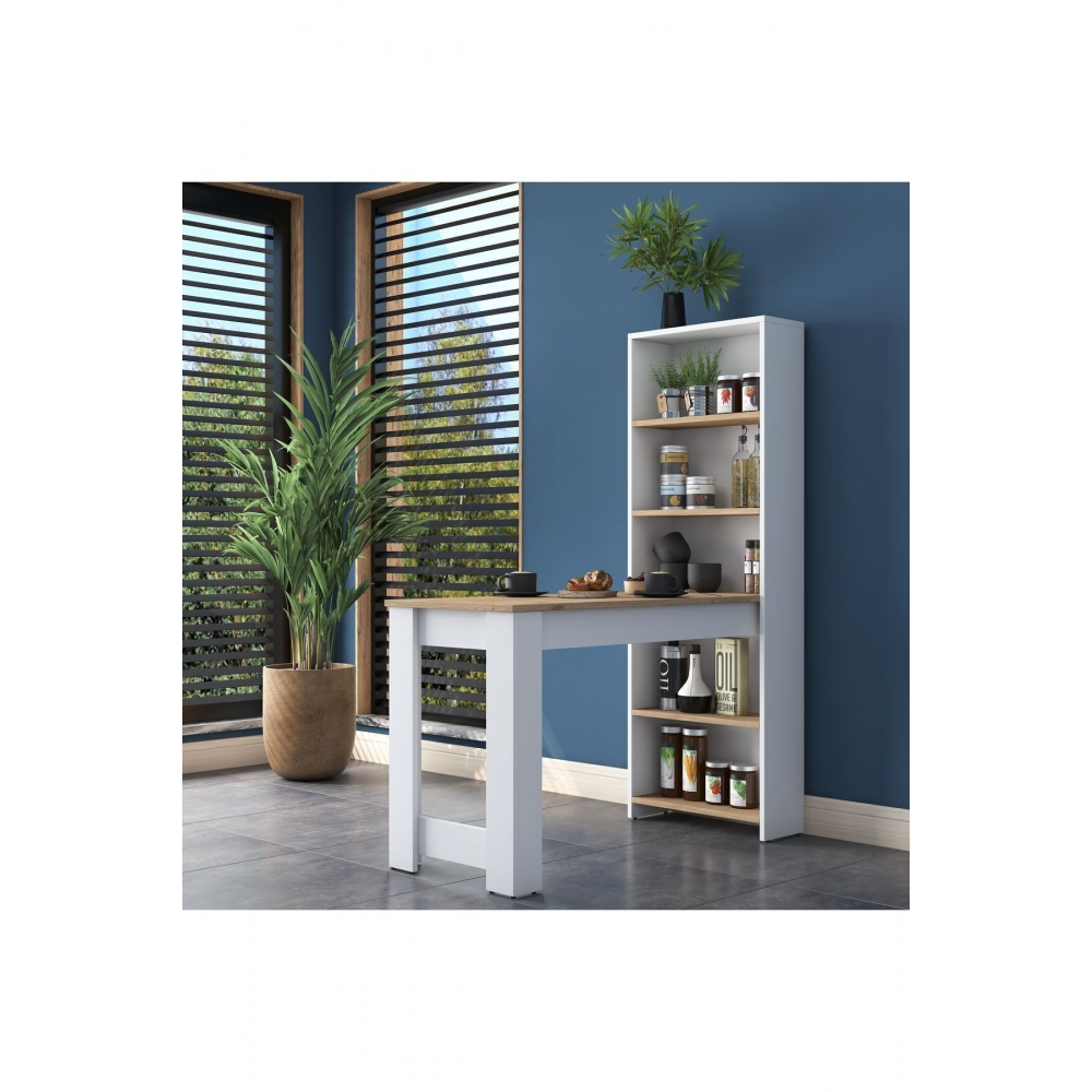 Rani Ja102 Masa Raflı Dekoratif Mutfak Yemek Masası Sepet Ceviz - Beyaz