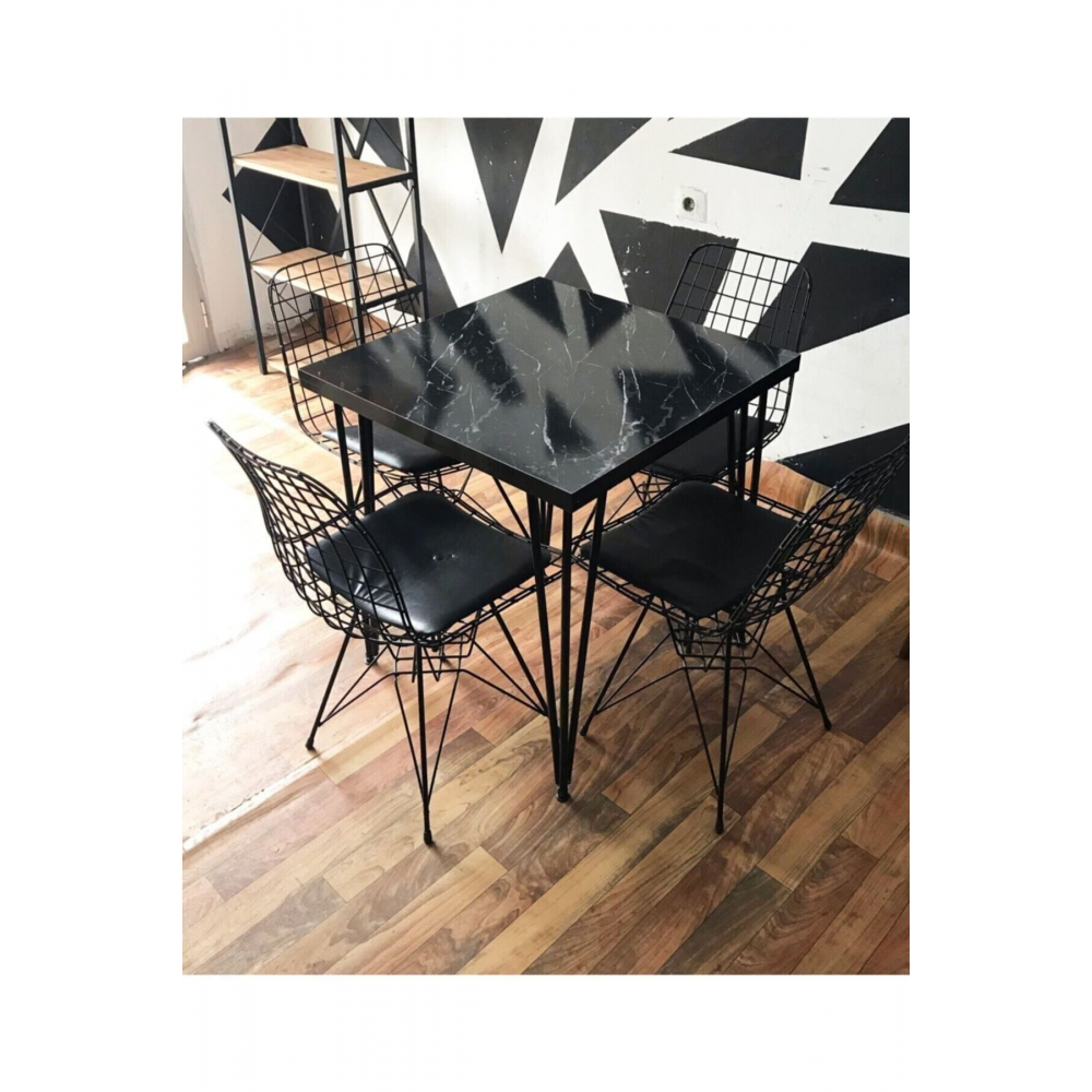 Siyah Mermer Desenli Sandalyeli Masa Takımı