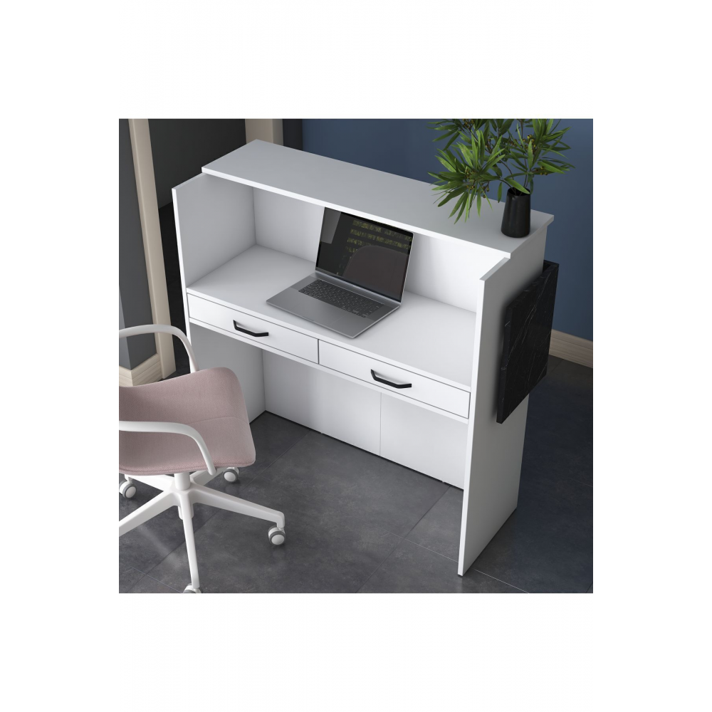 Rani MA102 Karşılama Bankosu Led Işıklı Çekmeceli Banko Beyaz - Mermer Desen