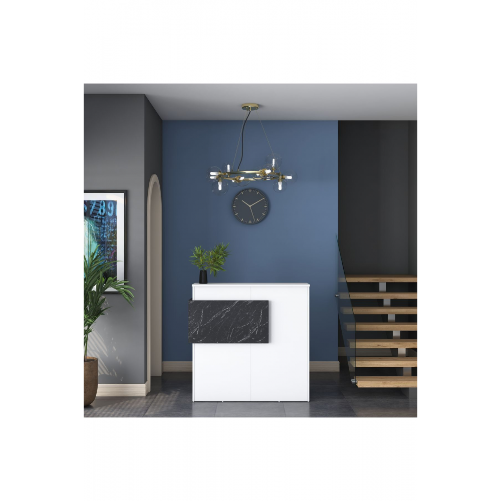 Rani MA102 Karşılama Bankosu Led Işıklı Çekmeceli Banko Beyaz - Mermer Desen